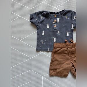 Gerber|Baby boy/toddler gray ribbed Lighthouse Print top & Brown Shorts Set••